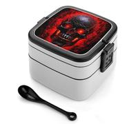 asbwuo Fiambrera bento de doble capa con diseño de calavera negra y roja para adultos, con cuchara y asa, a prueba de fugas, apilable, para el trabajo, picnics y viajes.