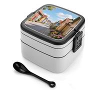 asbwuo Fiambrera Bento de doble capa con diseño de casas de madera de colores para adultos, con cuchara y asa. Fiambrera apilable de una pieza, hermética, para el trabajo, picnics y viajes.