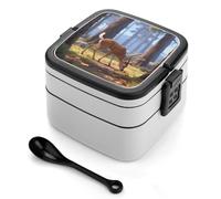 asbwuo Fiambrera bento de doble capa con diseño de ciervo de cola negra para adultos, con cuchara y asa. Fiambrera apilable de una pieza, hermética, para el trabajo, picnics y viajes.