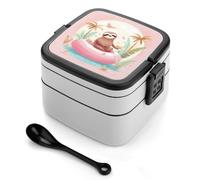 asbwuo Fiambrera bento de doble capa con diseño de flamenco y perezoso para adultos, con cuchara y asa, a prueba de fugas, apilable, para el trabajo, picnics y viajes.