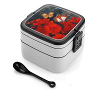 asbwuo Fiambrera Bento de doble capa con diseño de flores rojas y mariposas para adultos, con cuchara y asa. Fiambrera apilable de una pieza, hermética, para el trabajo, picnics y viajes.