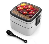 asbwuo Fiambrera Bento de doble capa con diseño de frutas en madera para adultos, con cuchara y asa, a prueba de fugas, apilable, para el trabajo, picnics y viajes.