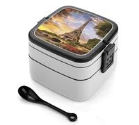 asbwuo Fiambrera Bento de doble capa con diseño de la Torre Eiffel de París para adultos, con cuchara y asa, a prueba de fugas, apilable, para el trabajo, picnics y viajes.
