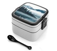 asbwuo Fiambrera Bento de doble capa con diseño de montañas brumosas para adultos, con cuchara y asa. Fiambrera apilable de una pieza, hermética, para el trabajo, picnics y viajes.