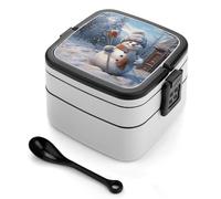 asbwuo Fiambrera Bento de doble capa con diseño de muñeco de nieve trabajador para adultos, con cuchara y asa, a prueba de fugas, apilable, para el trabajo, picnics y viajes.