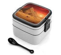 asbwuo Fiambrera bento de doble capa con diseño de pirámides y atardecer en el desierto para adultos, con cuchara y asa. Fiambrera apilable de una pieza, hermética, para el trabajo, picnics y viajes.