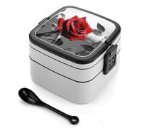 asbwuo Fiambrera bento de doble capa con diseño de rosa roja y negra para adultos, con cuchara y asa, a prueba de fugas, apilable, para el trabajo, picnics y viajes.