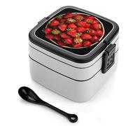 asbwuo Fiambrera Bento de doble capa con fresas en un tazón para adultos, con cuchara y asa. Fiambrera apilable de una pieza, hermética, para el trabajo, picnics y viajes.