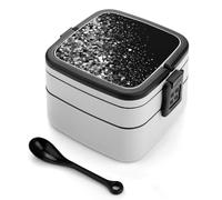 asbwuo Fiambrera bento de doble capa con purpurina blanca y negra para adultos, con cuchara y asa, a prueba de fugas, apilable, para el trabajo, picnics y viajes.