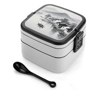 asbwuo Fiambrera Bento de doble capa para adultos, con cuchara y asa, de estilo pueblo pesquero en Jiangnan. Fiambrera apilable de una pieza, hermética, para el trabajo, picnics y viajes.