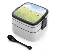 asbwuo Fiambrera de doble capa con diseño de flores silvestres en la pradera para adultos, con cuchara y asa. Fiambrera apilable de una pieza, hermética, para el trabajo, picnics y viajes.