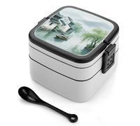 asbwuo Fiambrera de doble capa con diseño de Water Village bajo la lluvia primaveral para adultos, con cuchara y asa, apilable y hermética, ideal para el trabajo, picnics y viajes.