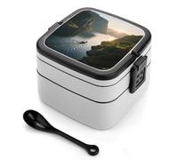 asbwuo Fiordo bajo el sol, lonchera de doble capa para adultos con cuchara y asa, lonchera apilable de una pieza a prueba de fugas para el trabajo, picnics y viajes.