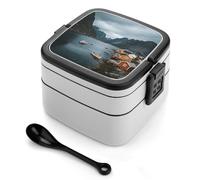 asbwuo Fiordo y pueblo pesquero. Lonchera de doble capa para adultos con cuchara y asa. Lonchera apilable de una pieza, hermética, para el trabajo, picnics y viajes.