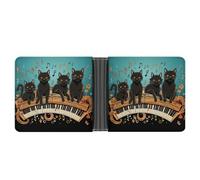 asbwuo Four Black Cats Lying on The Piano Keyboard Leather Bifold Wallet with 2 Hidden Pockets 6 Card Slots Slim Wallets for Cash, Cards, And ID