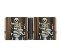 asbwuo Funny Skeleton Bathroom Canvas Leather Bifold Wallet with 2 Hidden Pockets 6 Card Slots Slim Wallets for Cash, Cards, And ID
