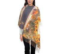 asbwuo Girasoli sotto il davanzale della finestra Sciarpa con nappe stampate (verticali) scialle lungo con nappe adatto per l'abbigliamento caldo autunnale e invernale