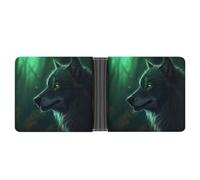 asbwuo Green Wolf Leather Bifold Wallet with 2 Hidden Pockets 6 Card Slots Slim Wallets for Cash, Cards, And ID
