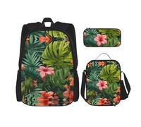 asbwuo Hojas Tropicales Y Flores Backpack With Lunch Box 3 In 1 Set With Pencil Case, Large Capacity Backpack With Chest Strap