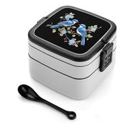 asbwuo Lonchera apilable de doble capa con diseño de dos pájaros azules en una rama para adultos, con cuchara y asa invisible.