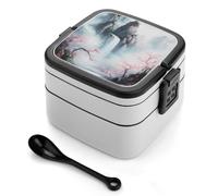 asbwuo Lonchera apilable de doble capa con diseño de montañas, flores y cascada para adultos, con cuchara y asa invisible.