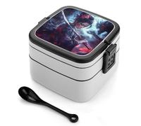 asbwuo Lonchera apilable de doble capa con diseño de mujer samurái para adultos, con cuchara y asa invisible.