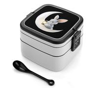 asbwuo Lonchera apilable de doble capa con forma de conejo sentado en la luna para adultos, con cuchara y asa invisible.