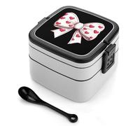 asbwuo Lonchera apilable de doble capa con forma de corazón y lazo para San Valentín para adultos, con cuchara y asa invisible.