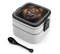 asbwuo Lonchera apilable de doble capa con forma de león para adultos, con cuchara y asa invisible.