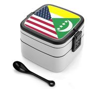 asbwuo Lonchera apilable de doble capa con la bandera de EE. UU. y Comoras para adultos, con cuchara y asa invisible.