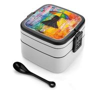 asbwuo Lonchera apilable de doble capa para adultos, con cuchara y asa invisible, color negro, con paraguas y mujer vestida de negro.