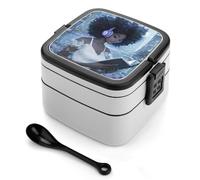 asbwuo Lonchera apilable de doble capa para adultos con cuchara y asa invisible, con diseño de mujer negra leyendo y auriculares.