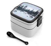 asbwuo Lonchera bento de doble capa con diseño de animales de nieve para adultos, con cuchara y asa. Lonchera apilable de una pieza, hermética, para el trabajo, picnics y viajes.