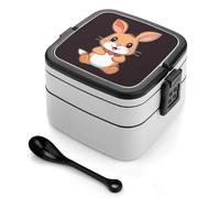 asbwuo Lonchera bento de doble capa con diseño de conejo de dibujos animados para adultos, con cuchara y asa, a prueba de fugas, apilable, para el trabajo, picnics y viajes.