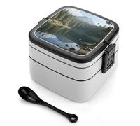 asbwuo Lonchera bento de doble capa con diseño de coníferas y lago del cráter para adultos, con cuchara y asa, a prueba de fugas, apilable, de una pieza, para el trabajo, picnics y viajes.