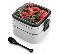 asbwuo Lonchera bento de doble capa con diseño de hojas de amapola roja para adultos, con cuchara y asa. Lonchera apilable de una pieza, hermética, para el trabajo, picnics y viajes.