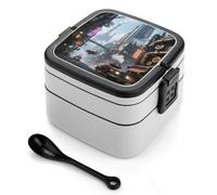 asbwuo Lonchera bento de doble capa con diseño de horizonte de la ciudad del futuro para adultos, con cuchara y asa. Lonchera apilable de una pieza, hermética, para el trabajo, picnics y viajes.