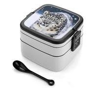asbwuo Lonchera bento de doble capa con diseño de leopardo de las nieves de ojos azules para adultos, con cuchara y asa. Lonchera apilable de una pieza, hermética, para el trabajo, picnics y viajes.