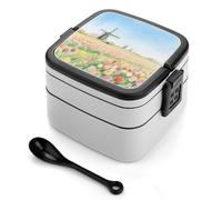 asbwuo Lonchera Bento de doble capa con diseño de molino de viento Sea para adultos, con cuchara y asa. Lonchera apilable de una pieza, hermética, para el trabajo, picnics y viajes.