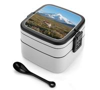 asbwuo Lonchera bento de doble capa con diseño de montañas nevadas y tundra para adultos, con cuchara y asa. Lonchera apilable de una pieza, hermética, para el trabajo, picnics y viajes.