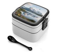 asbwuo Lonchera Bento de doble capa con diseño de montañas y lagos nevados para adultos, con cuchara y asa. Lonchera apilable de una pieza, hermética, para el trabajo, picnics y viajes.
