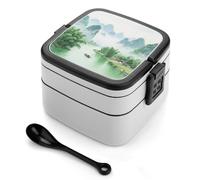 asbwuo Lonchera bento de doble capa con diseño de paisaje de Guilin para adultos, con cuchara y asa, a prueba de fugas, apilable, para el trabajo, picnics y viajes.