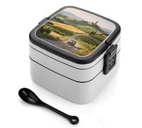 asbwuo Lonchera bento de doble capa con diseño de paisaje rural para adultos, con cuchara y asa, a prueba de fugas, apilable, para el trabajo, picnics y viajes.