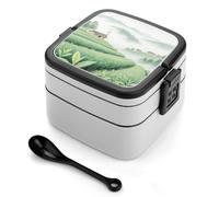 asbwuo Lonchera Bento de doble capa con diseño de plantación de té en las montañas para adultos, con cuchara y asa. Lonchera apilable de una pieza, hermética, para trabajo, picnics y viajes.