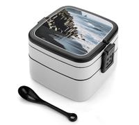 asbwuo Lonchera bento de doble capa con diseño de playa de negra y columnas de basalto para adultos, con cuchara y asa. Lonchera apilable de una pieza, hermética, para trabajo, picnics y viajes.