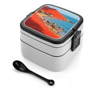 asbwuo Lonchera bento de doble capa con diseño de pueblo pesquero de dunas rojas para adultos, con cuchara y asa, a prueba de fugas, apilable, de una pieza, para el trabajo, picnics y viajes.