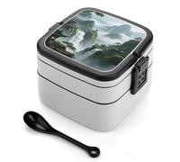 asbwuo Lonchera Bento de doble capa con diseño de valles envueltos en niebla para adultos, con cuchara y asa. Lonchera apilable de una pieza a prueba de fugas para el trabajo, picnics y viajes.