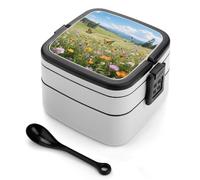 asbwuo Lonchera bento de doble capa con diseño de Wildflower Valley en plena floración para adultos, con cuchara y asa. Lonchera apilable de una pieza, hermética, para el trabajo, picnics y viajes.