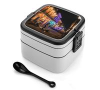 asbwuo Lonchera bento de doble capa con escena nocturna del Barrio Francés para adultos, con cuchara y asa, apilable y hermética, ideal para el trabajo, picnics y viajes.