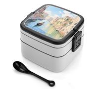 asbwuo Lonchera bento de doble capa con paisaje de Venecia, ideal para adultos, con cuchara y asa. Lonchera apilable de una pieza, hermética, ideal para el trabajo, picnics y viajes.